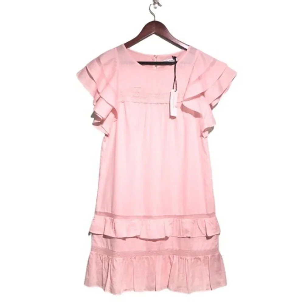 Rebecca Minkoff Pink Ilana Short Flutter Sleeve Crochet Trim Tiered Mini Dress - Picture 6 of 14
